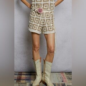 POL Elastic Waistband Crochet Shorts with Granny Square Weave